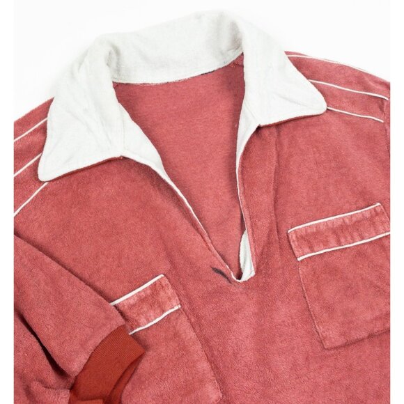 Vintage 50s Terry Cloth Polo Shirt Men's Fits Small Red White Piped Resortwear - Picture 5 of 15